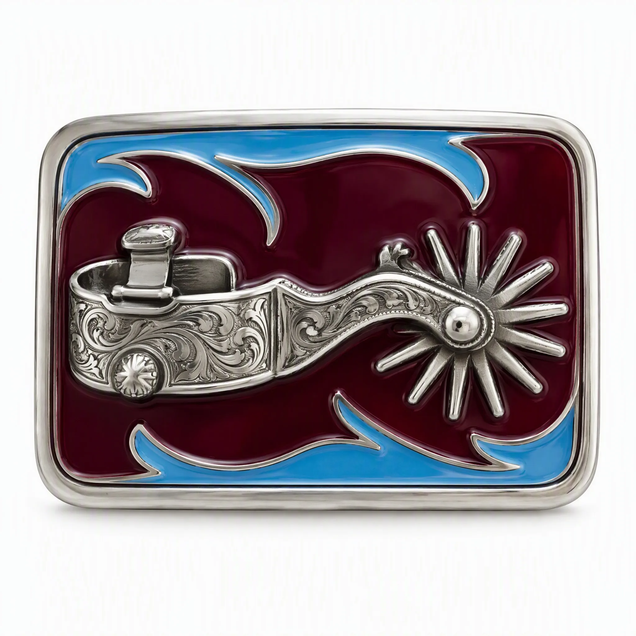 Hard enamel western spur belt buckle front view