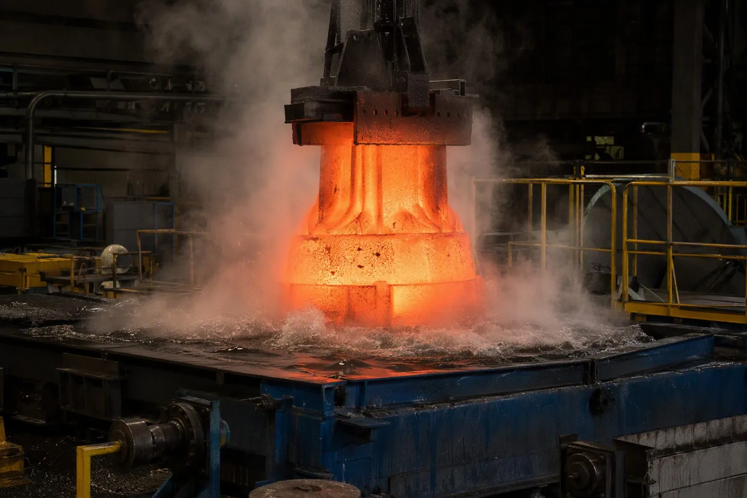 Glowing hot steel casting quenched in water tank with dramatic steam