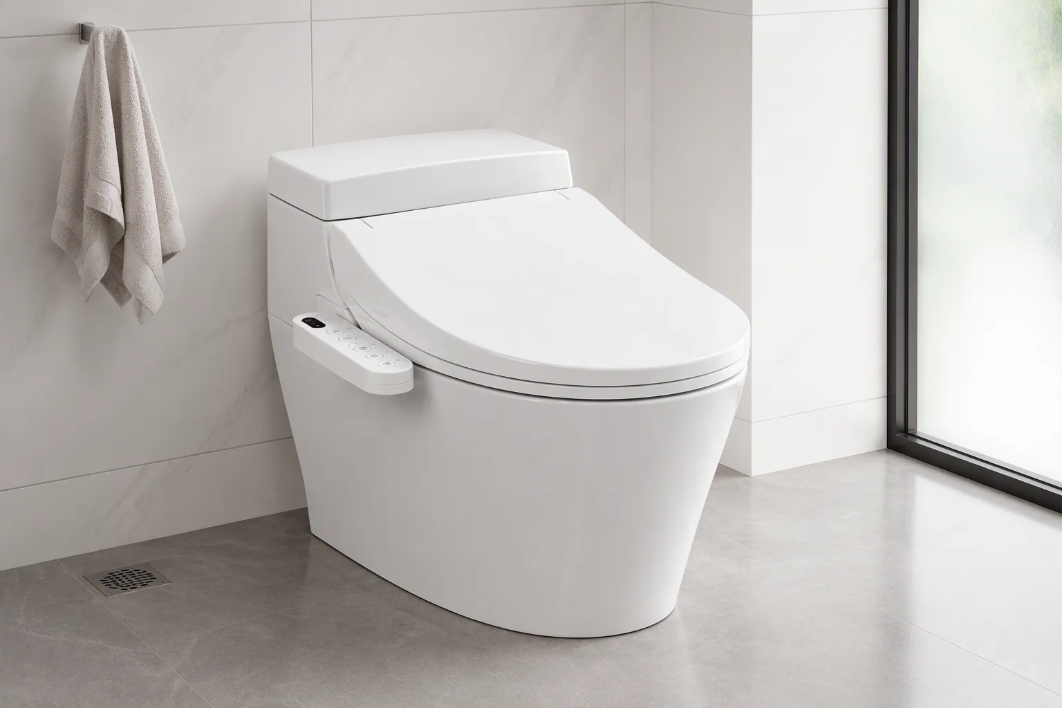 White smart toilet installed in a bright modern tiled bathroom