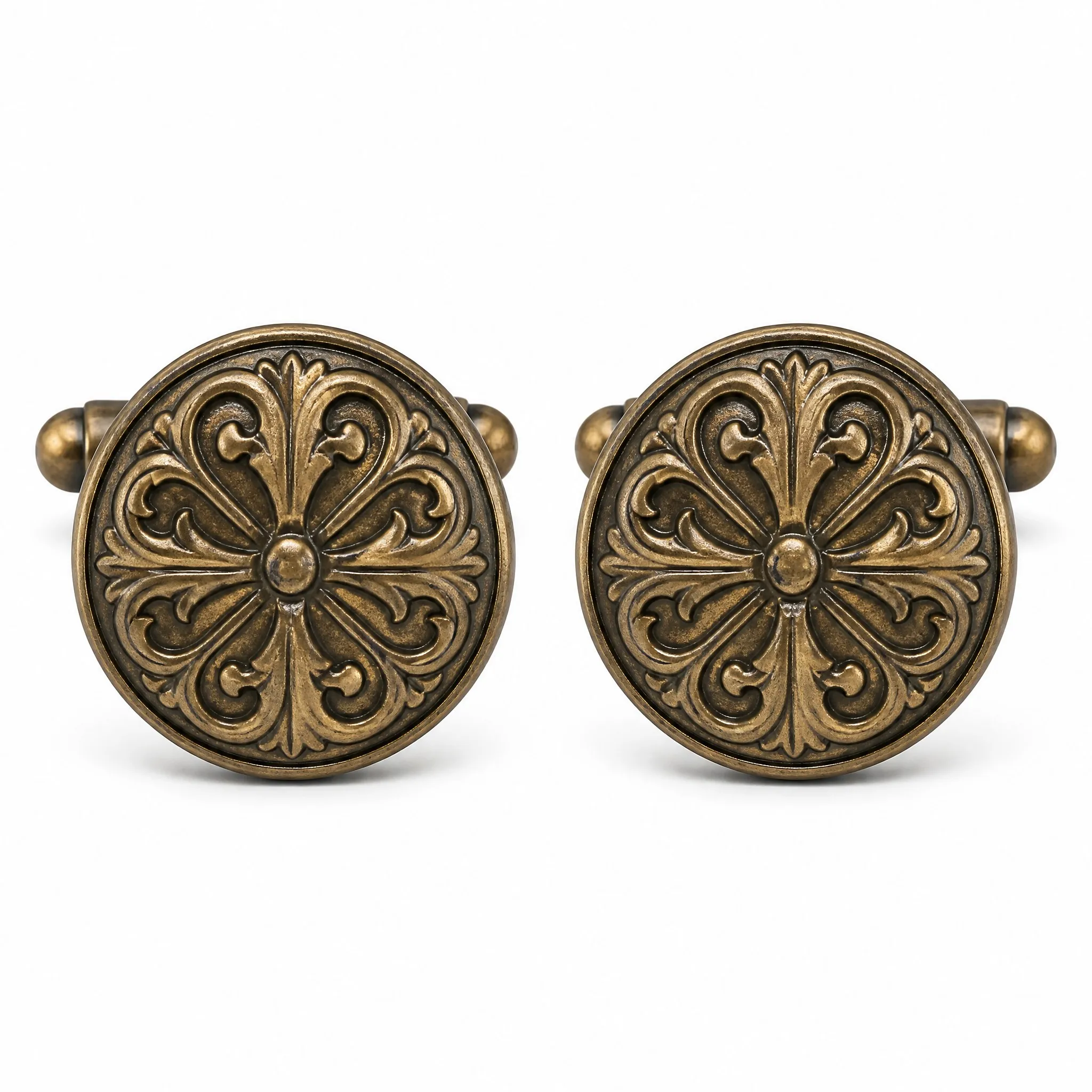 Antique bronze cufflinks round vintage front view