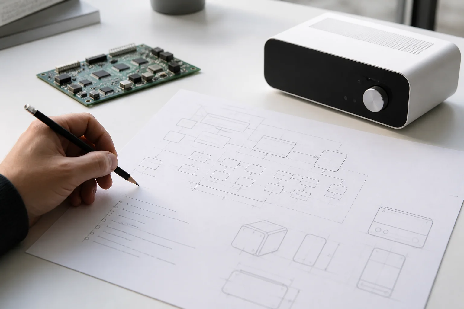 Product architecture diagram and a PCB on the desk