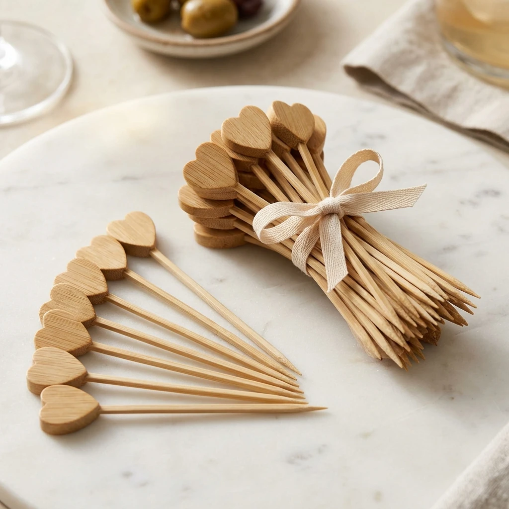 Heart shaped bamboo picks bundle tied with ribbon on marble surface fanned out showing carved hearts