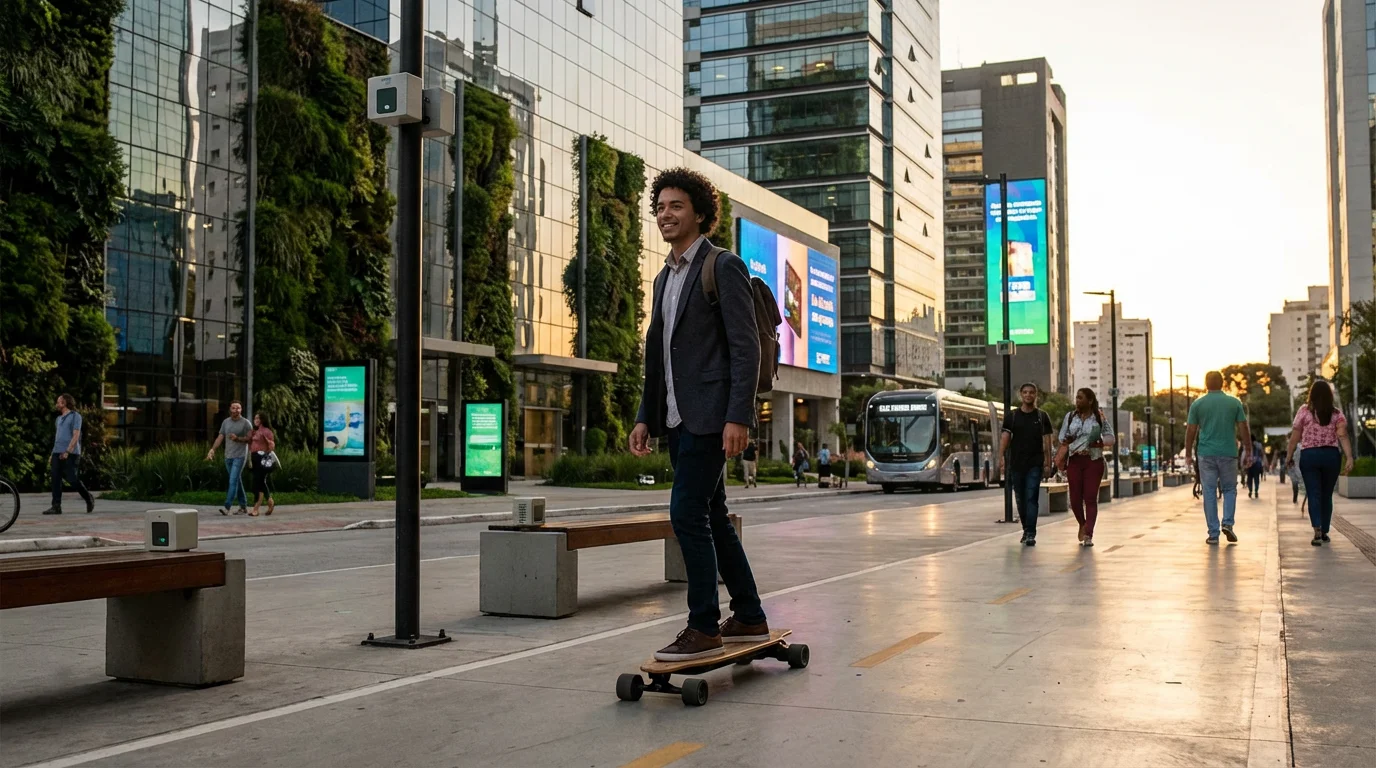 Jovem profissional andando de skate elétrico em distrito de cidade inteligente em Curitiba