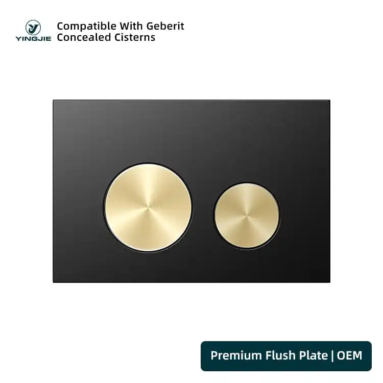 Black Stainless Flush Plate With Gold Round Buttons For Hotel Bathrooms