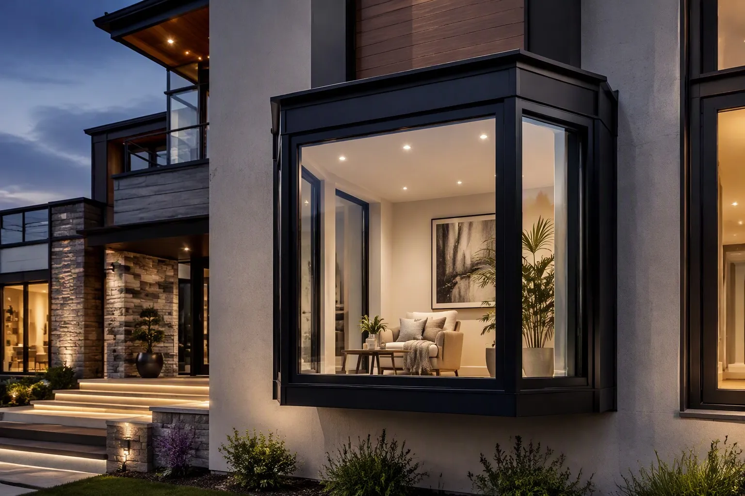 Luxury villa with projecting aluminum bay window three glazed panels interior seating nook