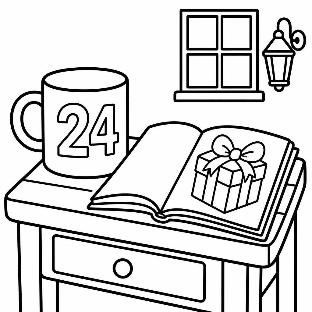 Bold and easy adult coloring page: genre C small window scene with countdown mug and gift box outline