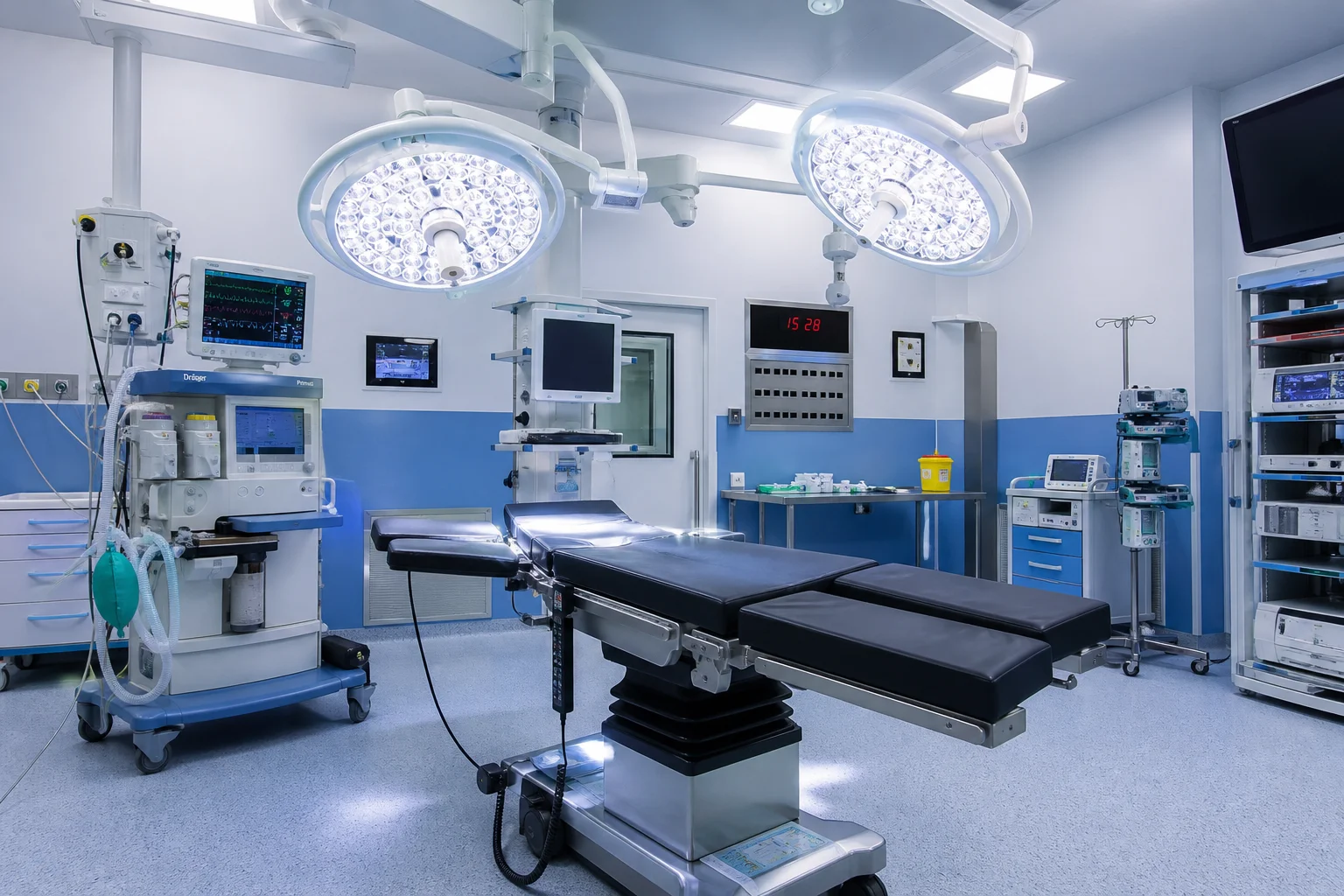 Modern hospital operating theatre and intensive care equipment setup