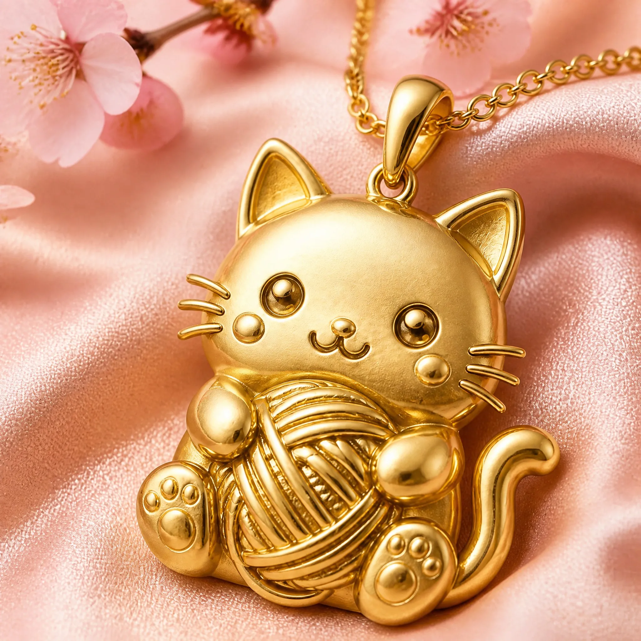 Close-up of die stamped cat pendant detail, embossed relief on gold metal and pink satin