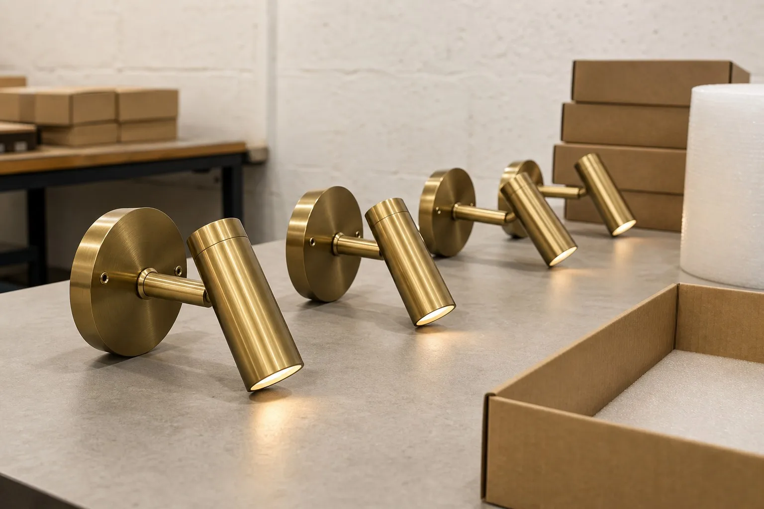 Brass wall-mounted reading lights laid out on a workshop bench for inspection