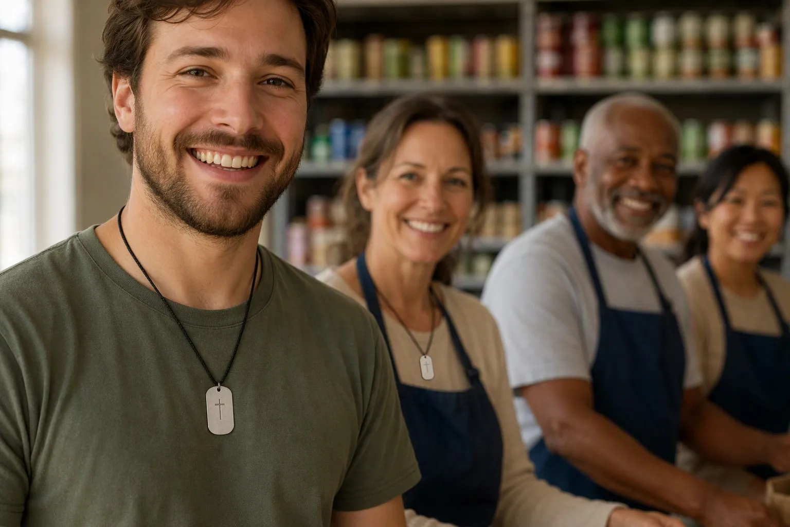 Volunteers wearing cross dog tags at a food pantry