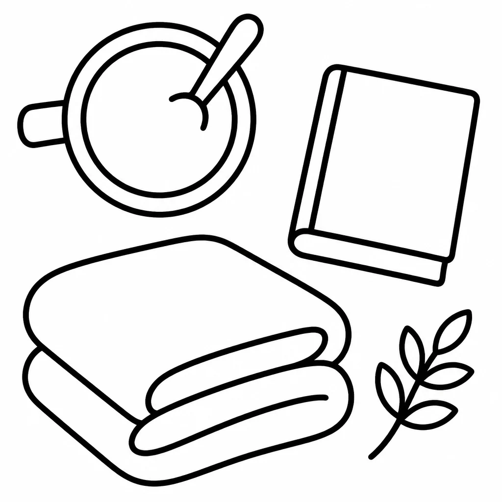 Bold and easy line art of a frosted window, mug, and coloring book