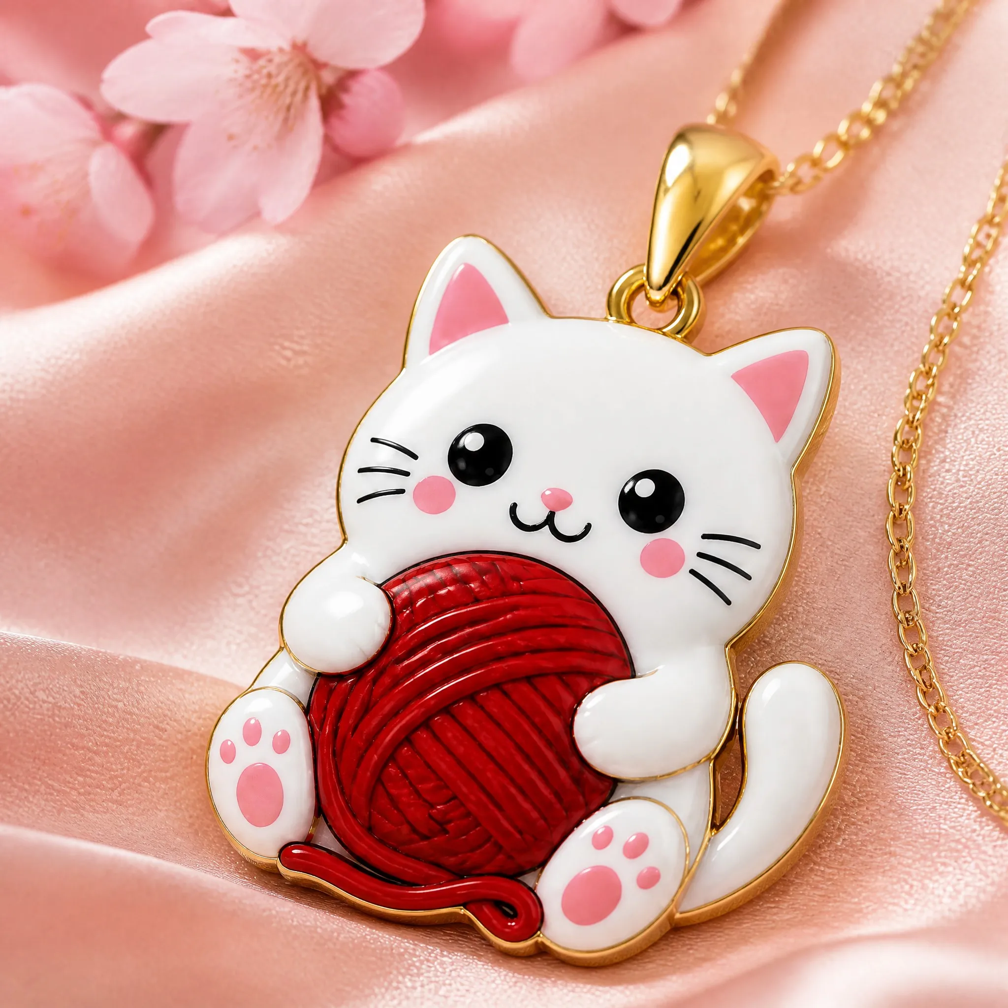 Close-up of UV printed cat pendant detail, vivid print and gold metal on pink satin