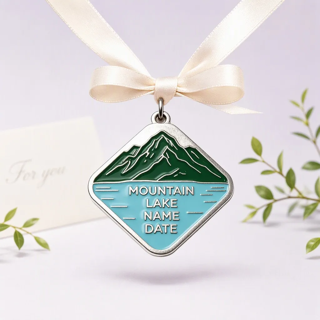 Diamond dog tag with mountain and lake scene