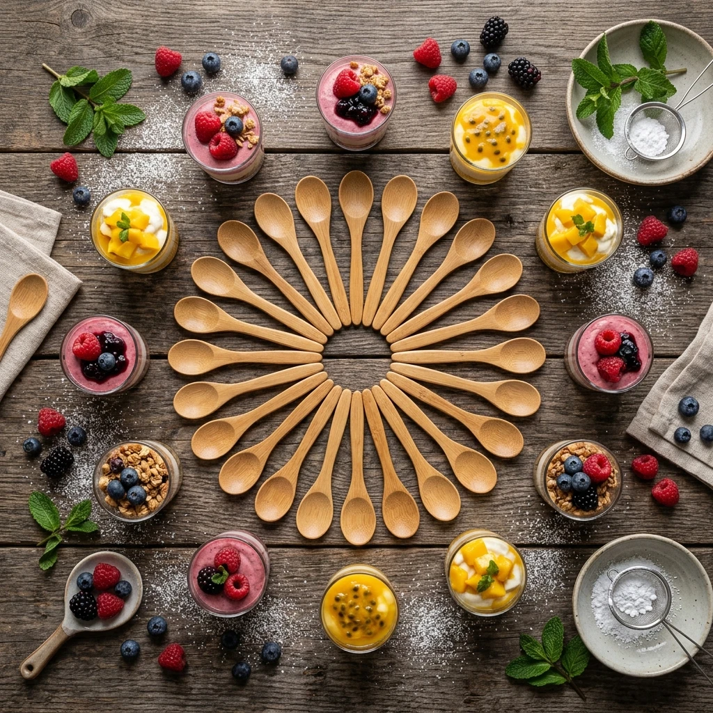 Mini bamboo tasting spoons arranged in circular fan pattern with dessert cups berries and mint leaves flat-lay