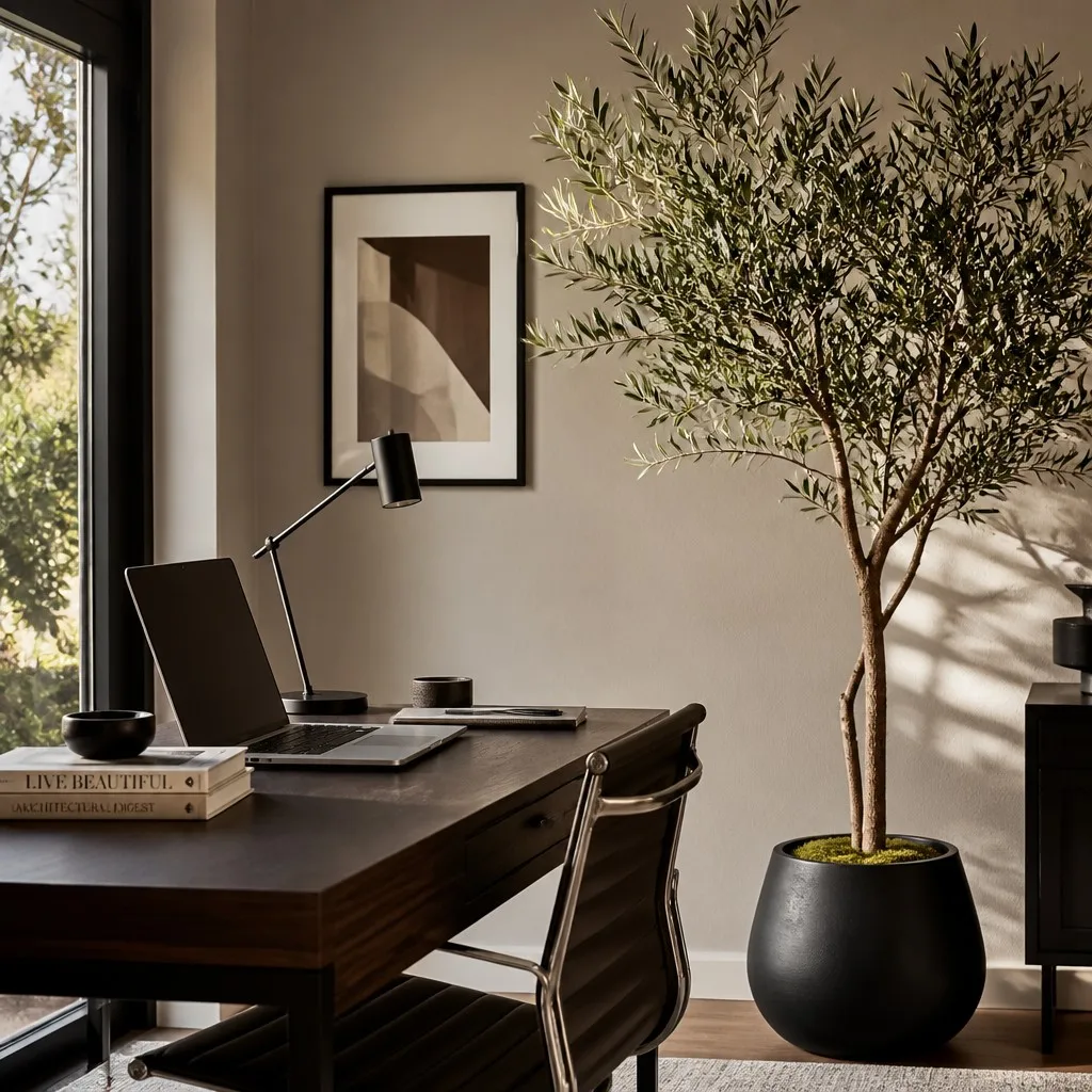A modern home office featuring a tall realistic artificial olive tree