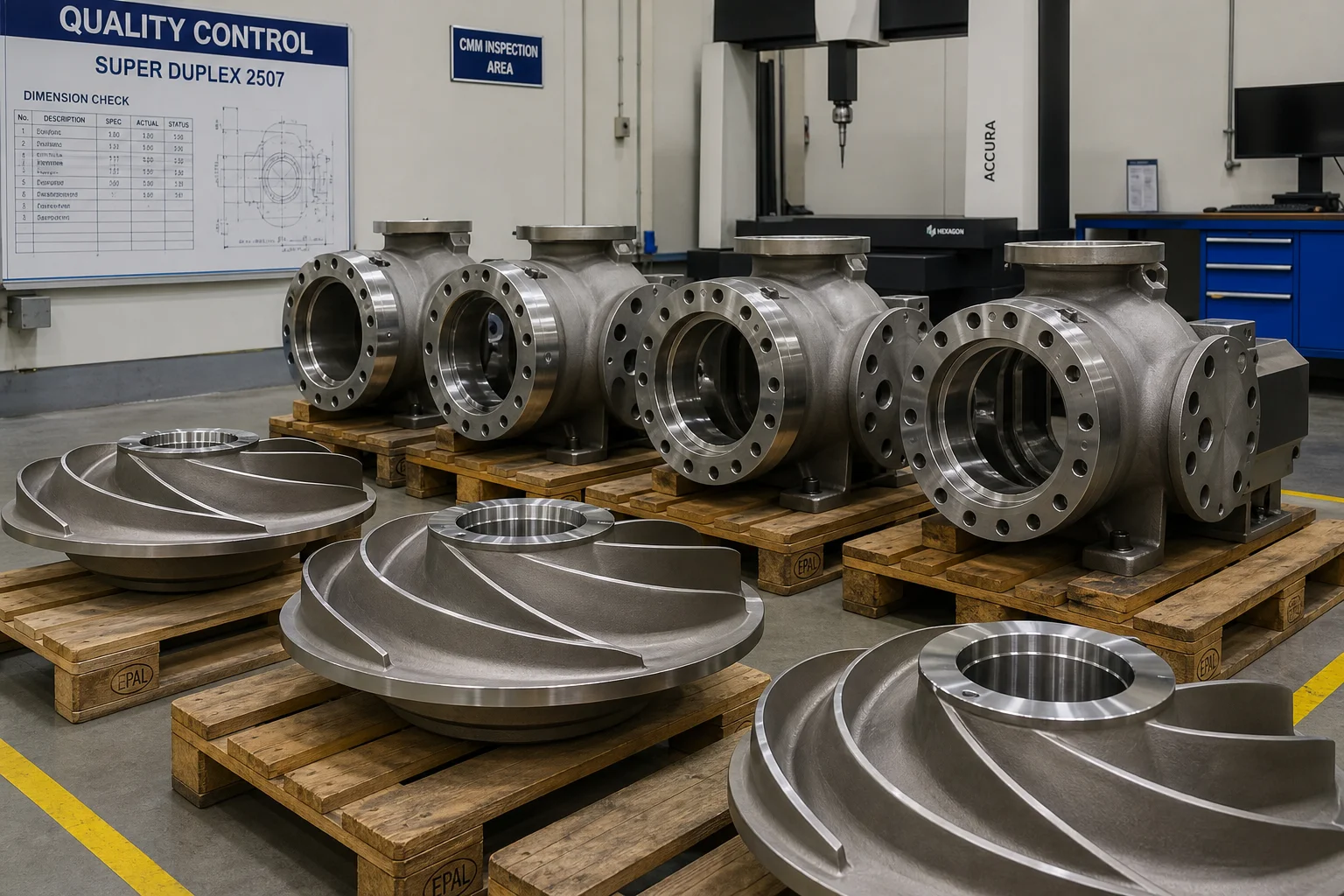 Finished Super Duplex 2507 pump impeller and casing components on inspection skids