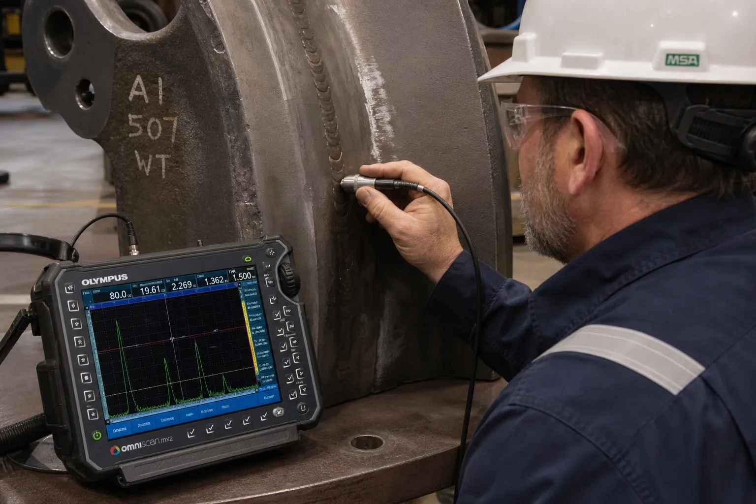 Inspector performing ultrasonic testing on welded joint of steel casting