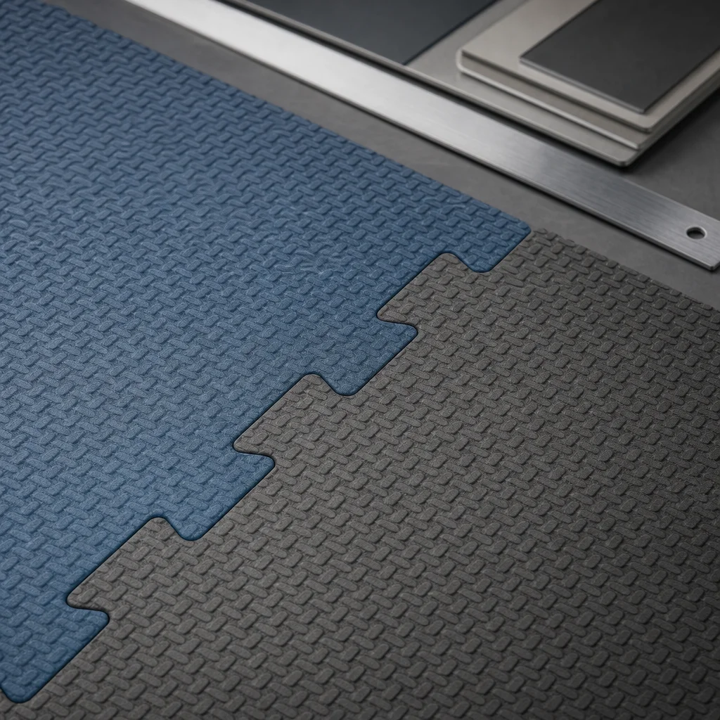 Seamless zero gap interlocking EVA puzzle tile seam on minimalist design table