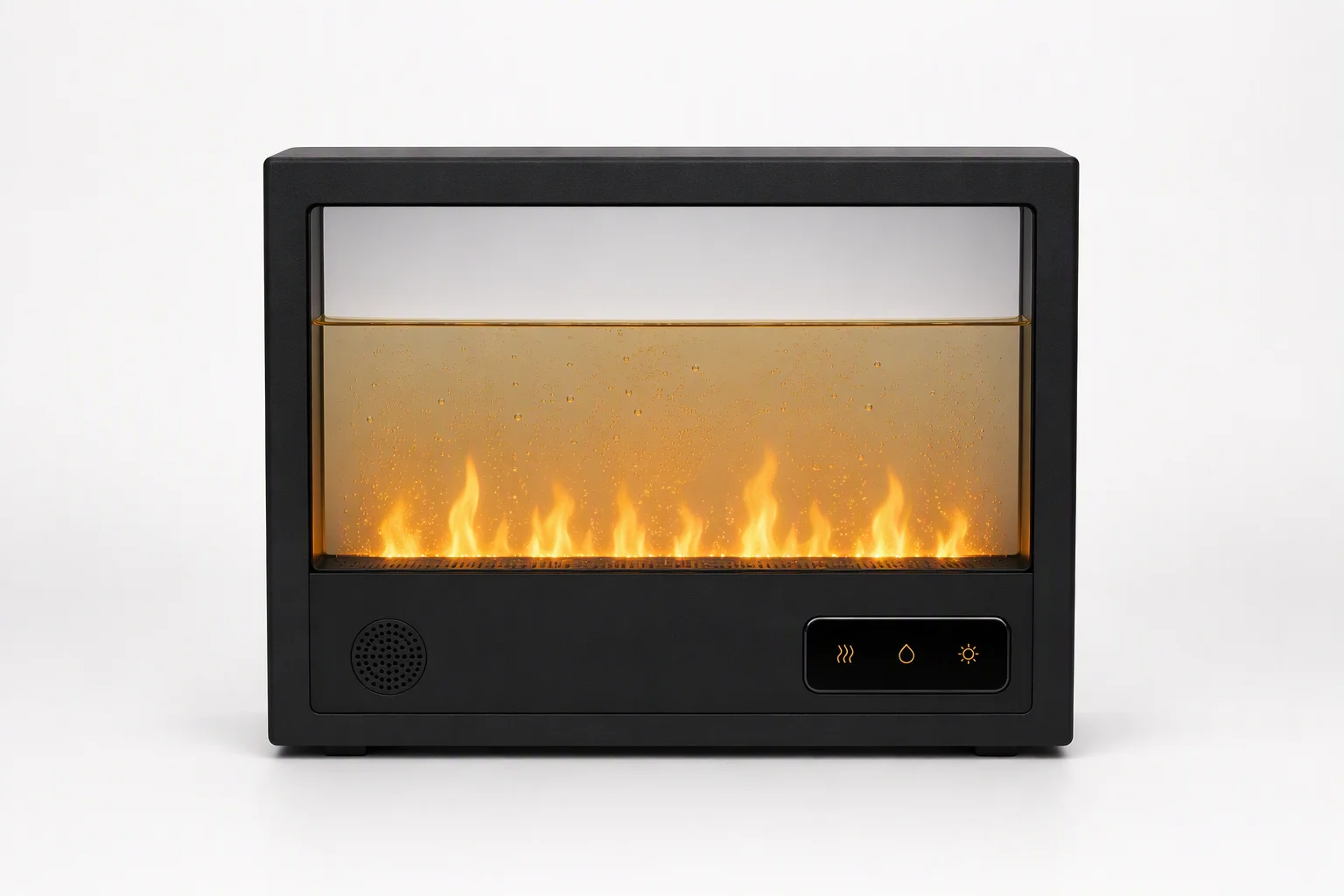 Alcohol-effect fireplace with glass liquid tank, in-tank flame, speaker grille and touch control panel