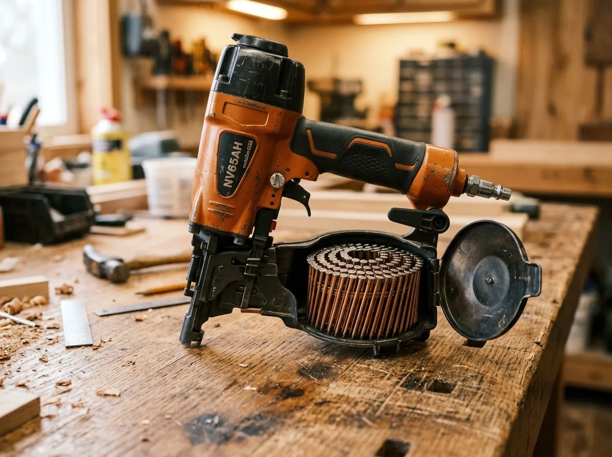 Pneumatic coil nail gun with coil nail strip loaded in the magazine