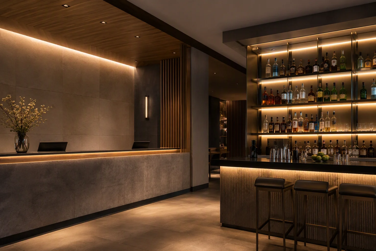 Hotel reception and restaurant millwork using concealed cut-anywhere COB LED strips