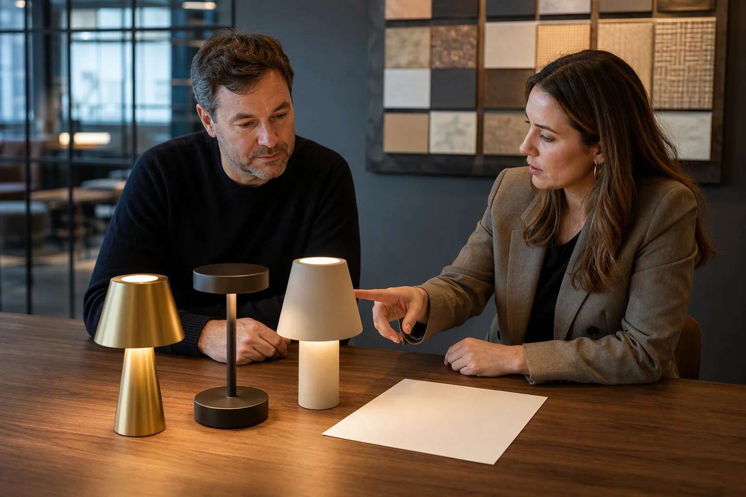 Hospitality procurement meeting with cordless lamp samples and blank specification sheet