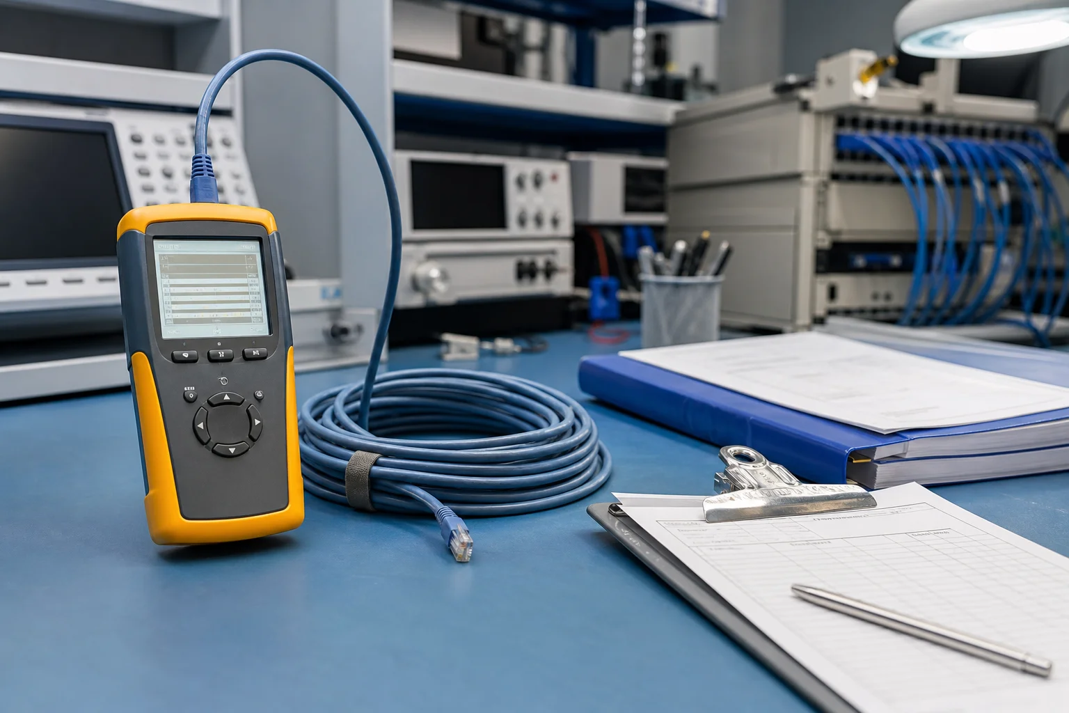 Quality control bench with cable tester and calibration documents
