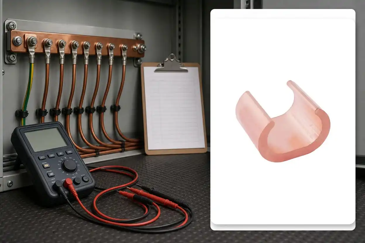 C-type copper grounding connector beside an inspection tester and asset records