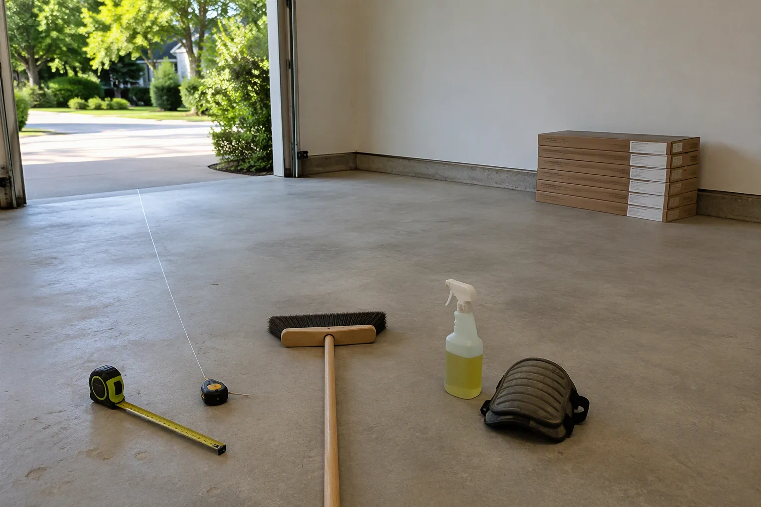 Preparing a clean garage floor with tools and tile boxes before installation