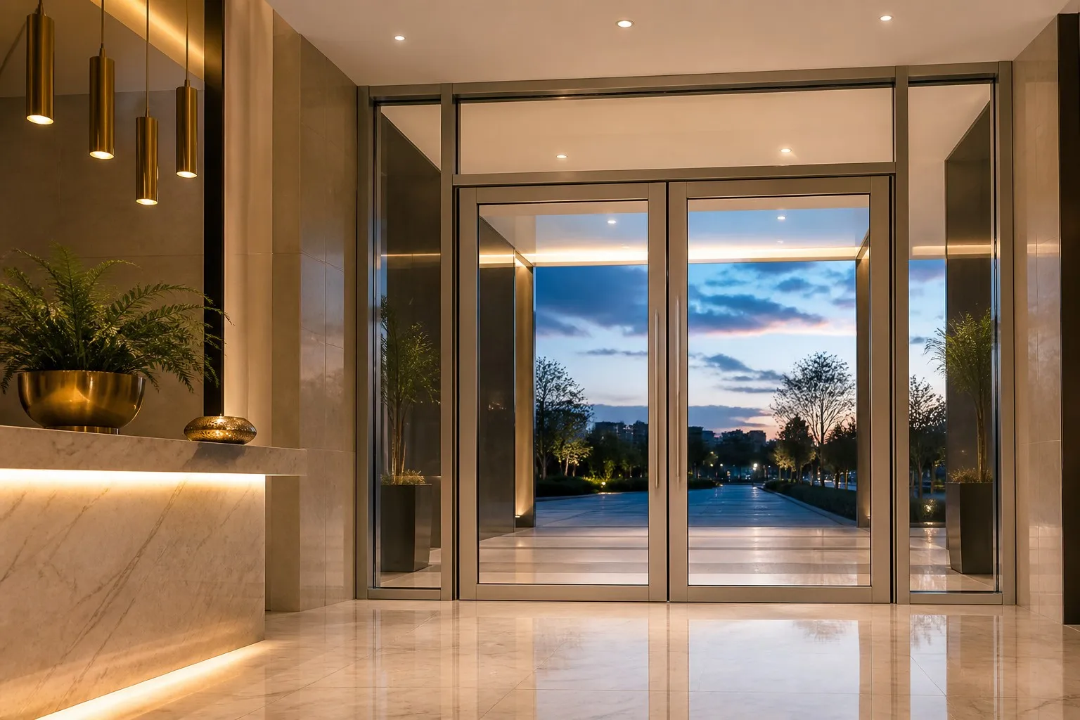 Modern hotel lobby entrance with large aluminum glass double doors and marble flooring