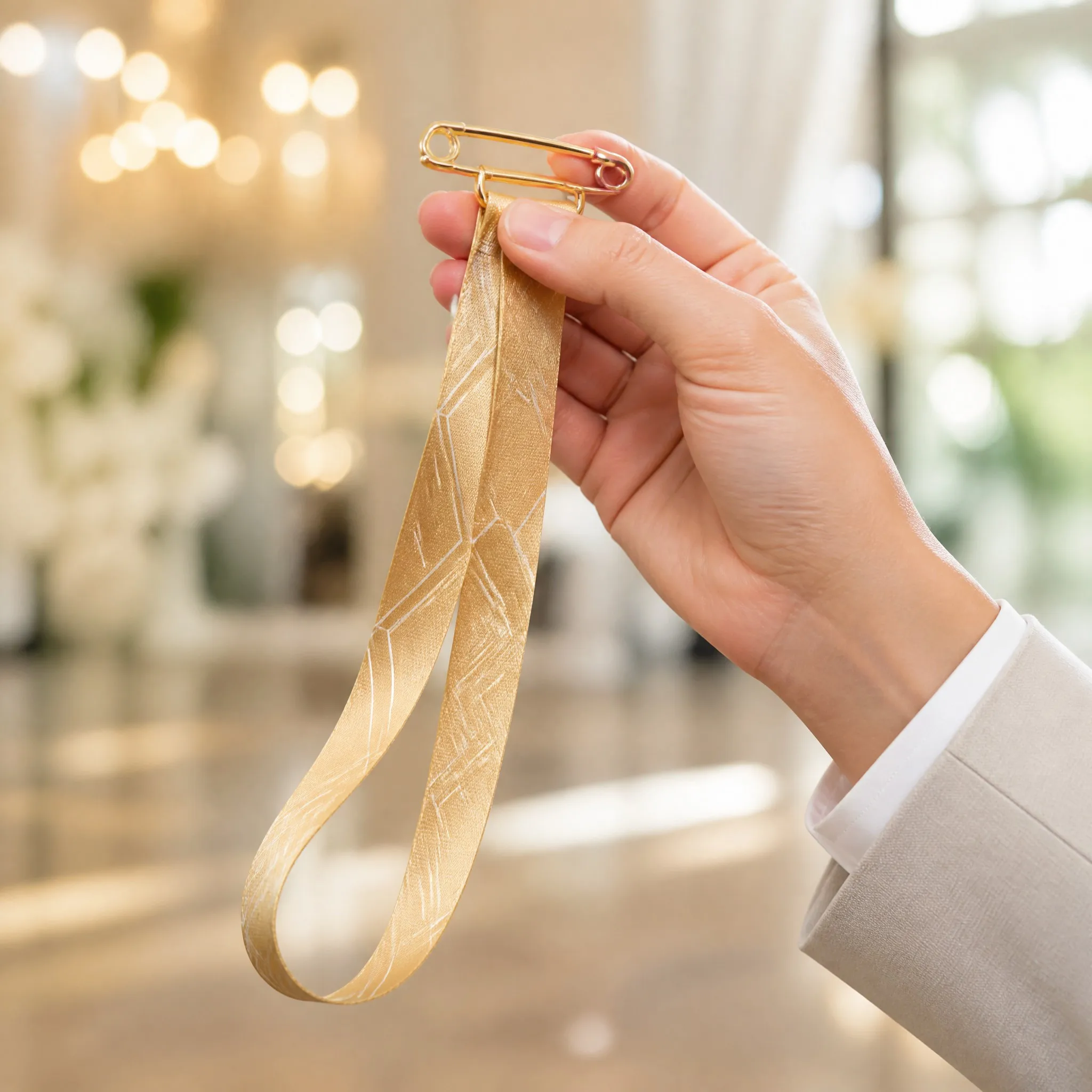 Hand holding satin lanyard by the gold safety pin at an elegant ballroom event