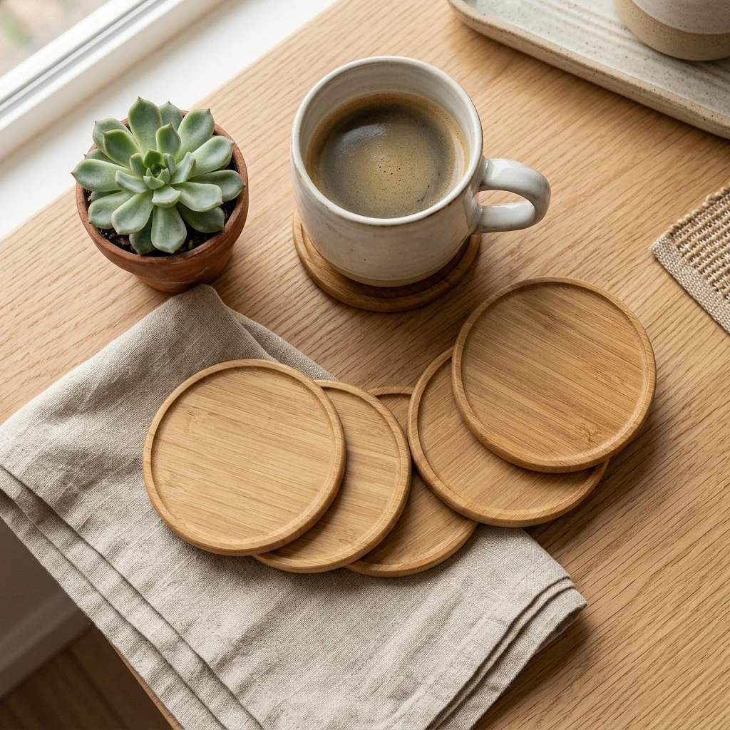 Minimalist bamboo drink coasters fanned out on oak table with coffee mug and succulent plant flat-lay