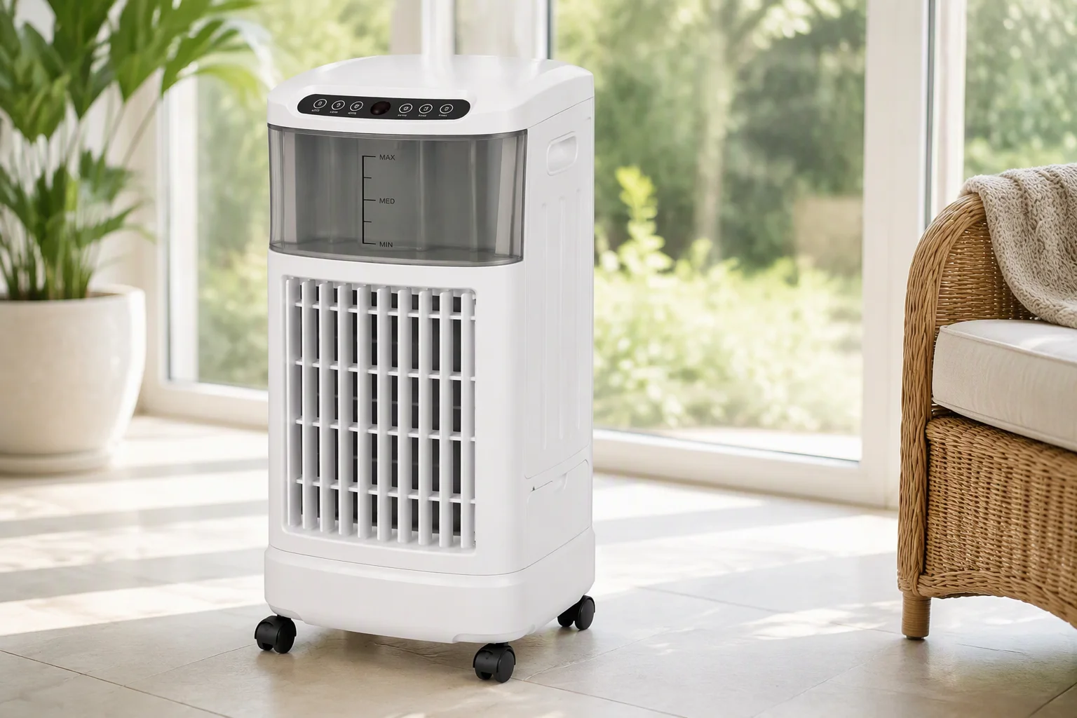 Evaporative air cooler standing on a sunlit sunroom floor