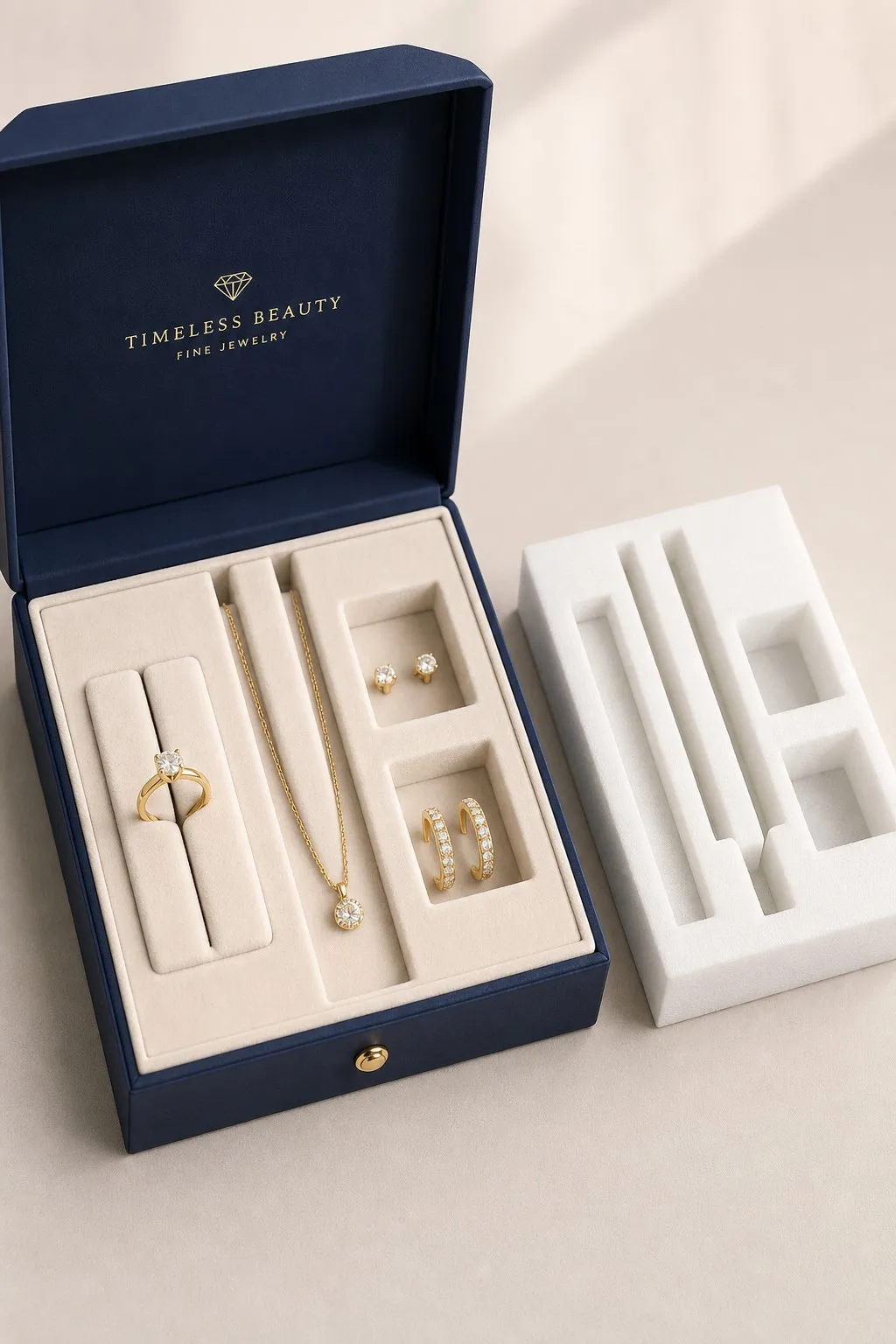 Open navy jewelry box with velvet-wrapped foam insert holding a ring, necklace, and earrings, beside a bare white foam block with cut grooves