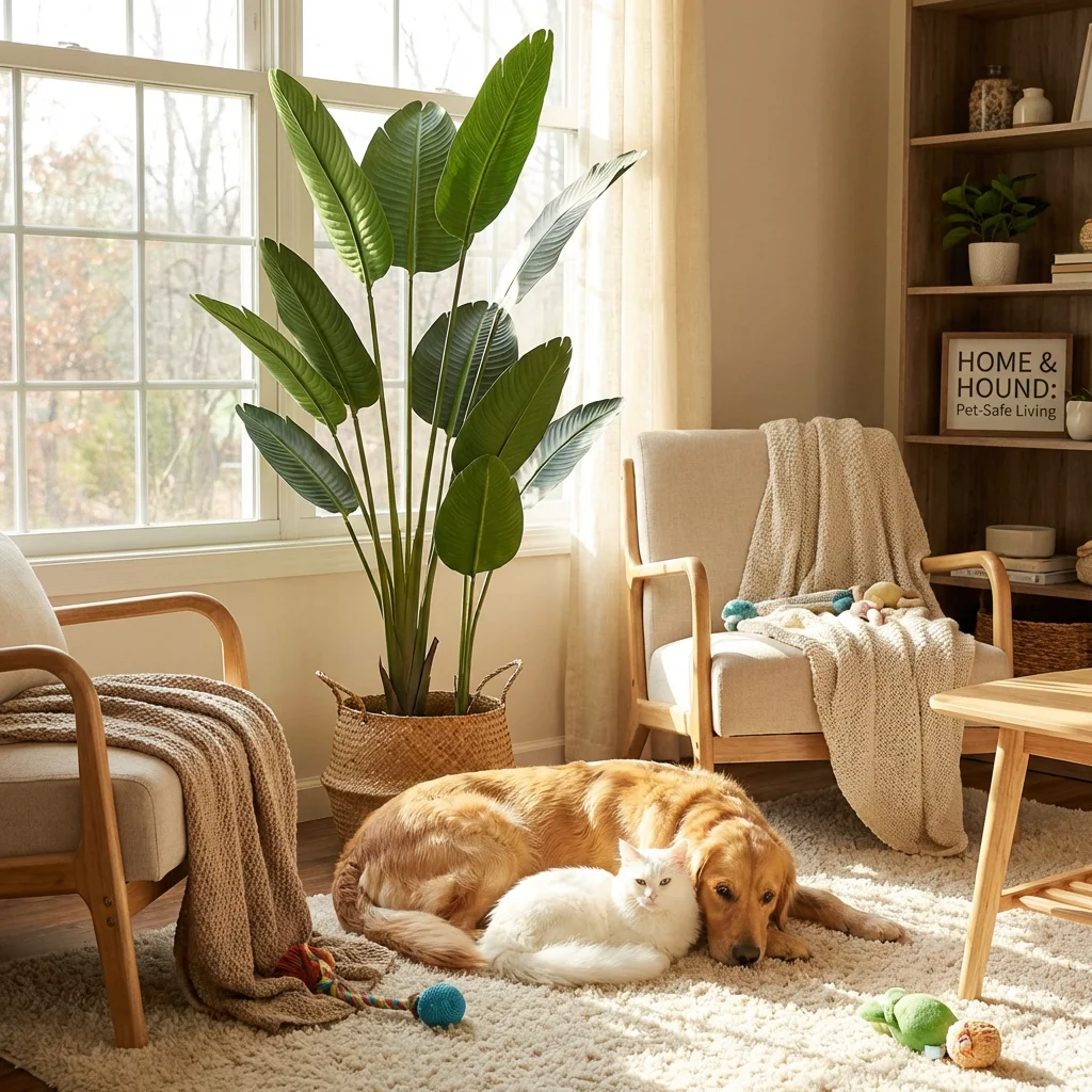 cat and dog safely resting near faux bird of paradise artificial plant pet friendly living room