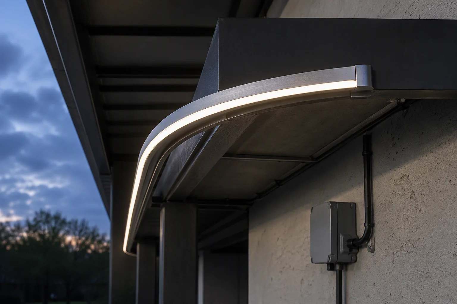 LED Neon Flex installed in an aluminum channel on a covered exterior canopy