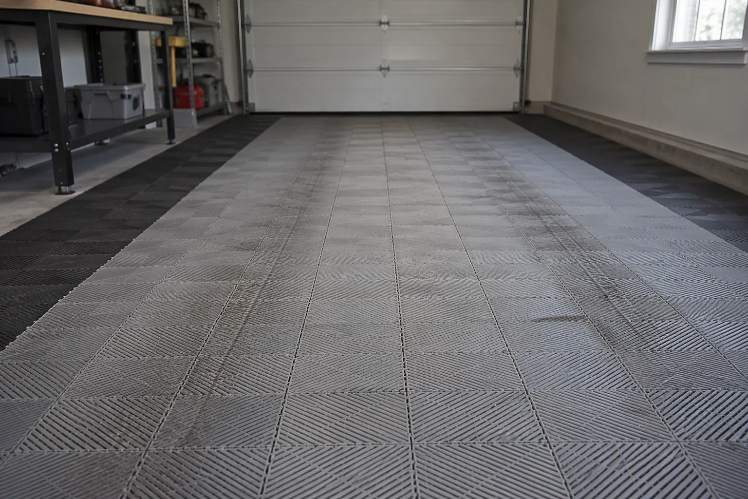 Worn traffic lane on interlocking garage floor tiles beside a crisp newer border row