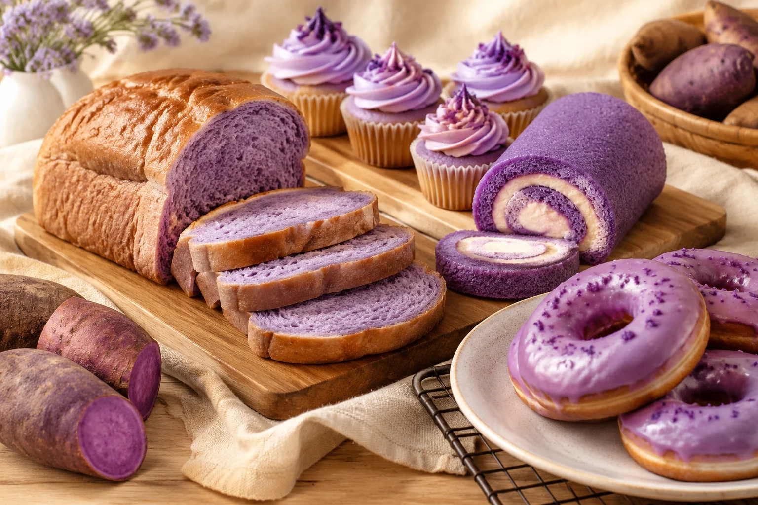 UBE bread cake roll cupcakes and doughnuts