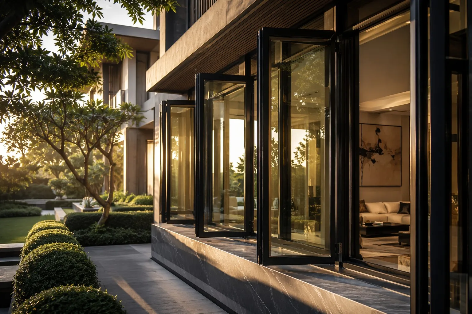 Luxury modern villa with premium black aluminum casement windows and garden view