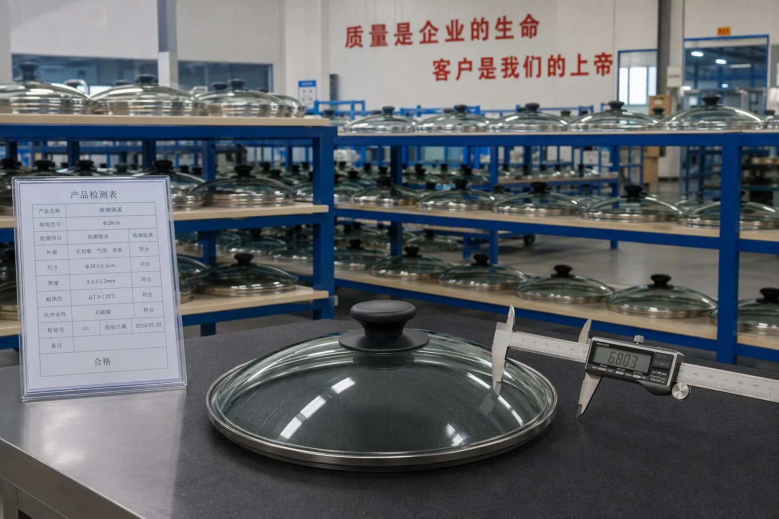 Sample inspection station for tempered glass cookware lids