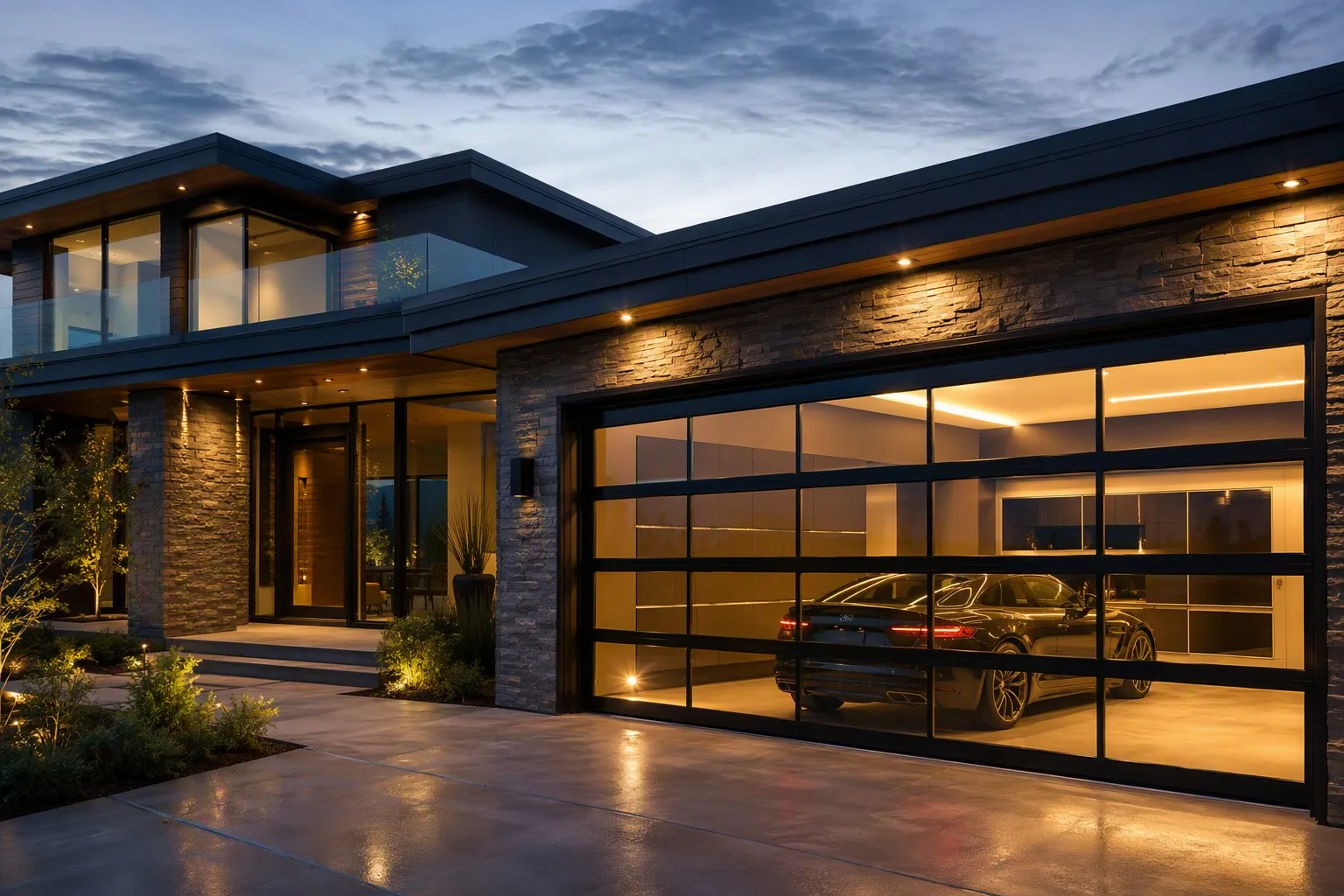 Luxury modern villa with aluminum glass garage door premium car warm interior dusk