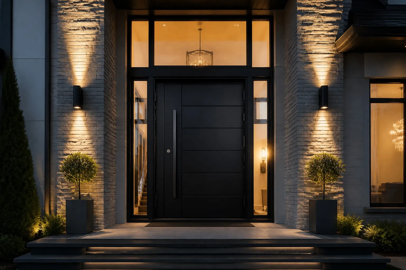 Luxury villa entrance with high-security black aluminum exterior door warm interior twilight