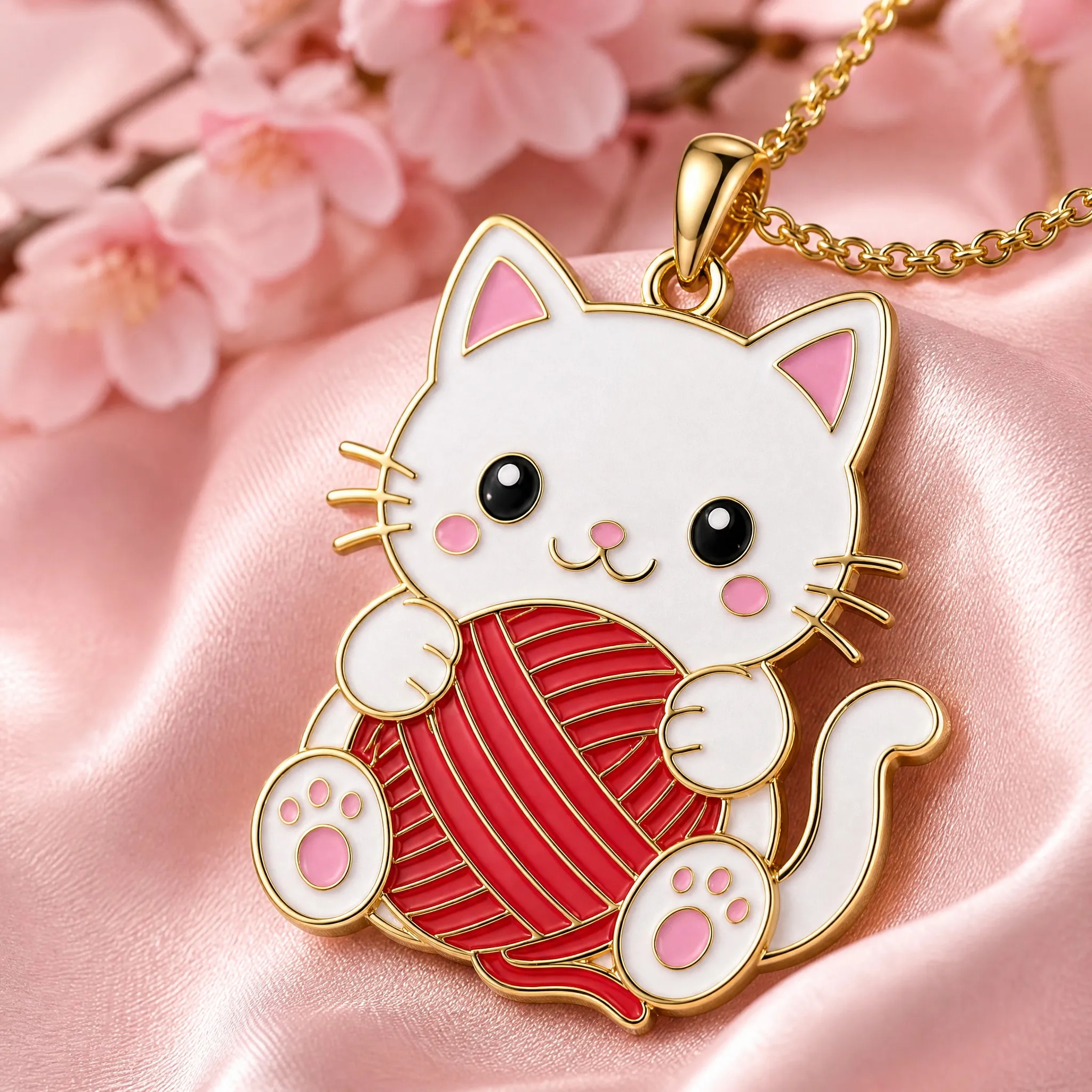 Close-up of soft enamel cat pendant detail, matte enamel and gold outline on pink satin