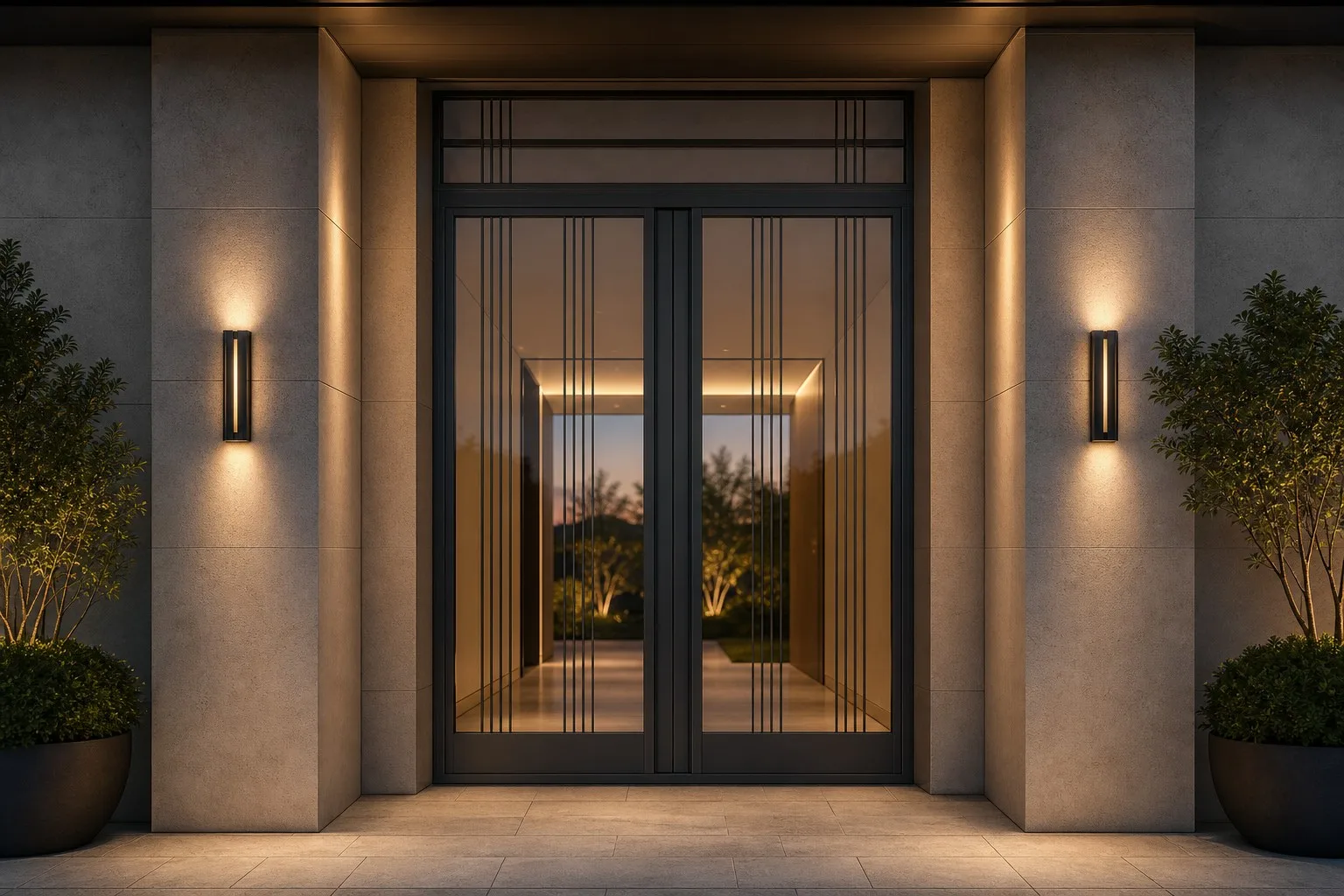 Modern villa entrance with dark grey aluminum glass exterior door and warm porch lighting