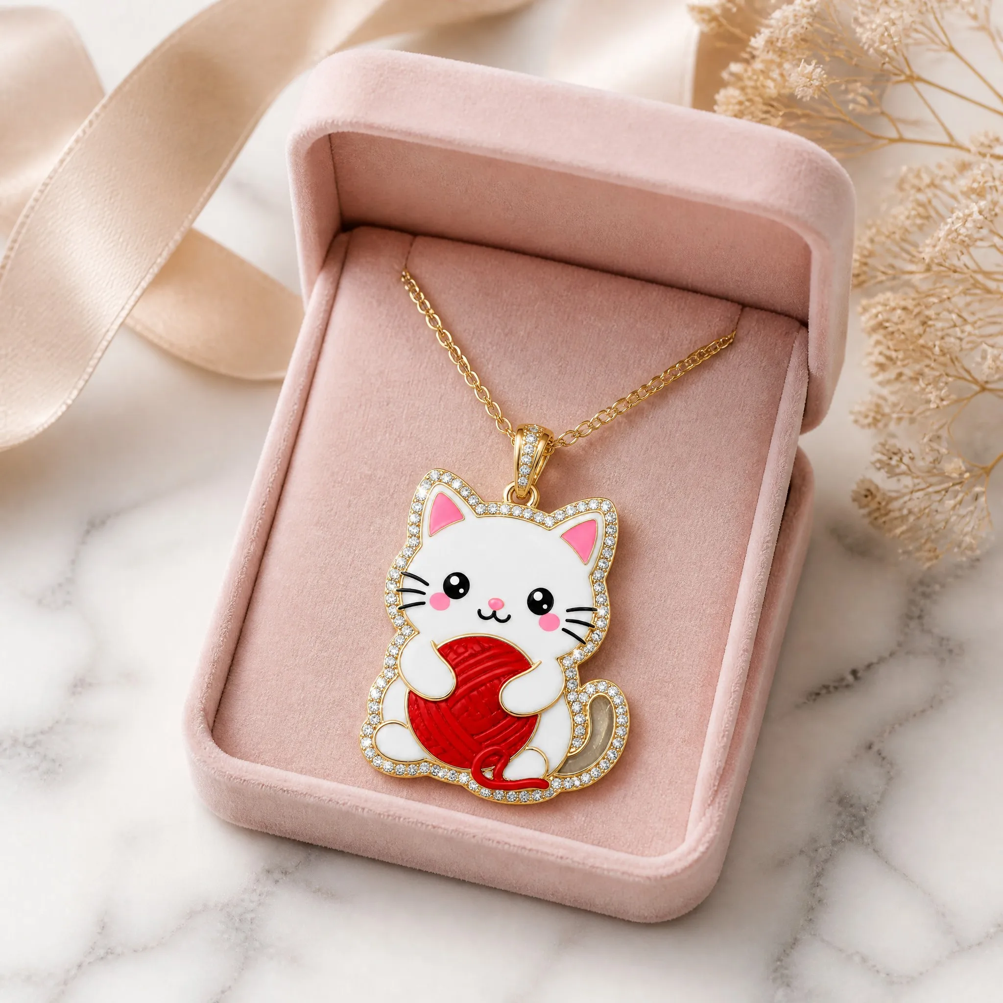 Cat pendant necklace in blush pink velvet gift box with ribbon on marble
