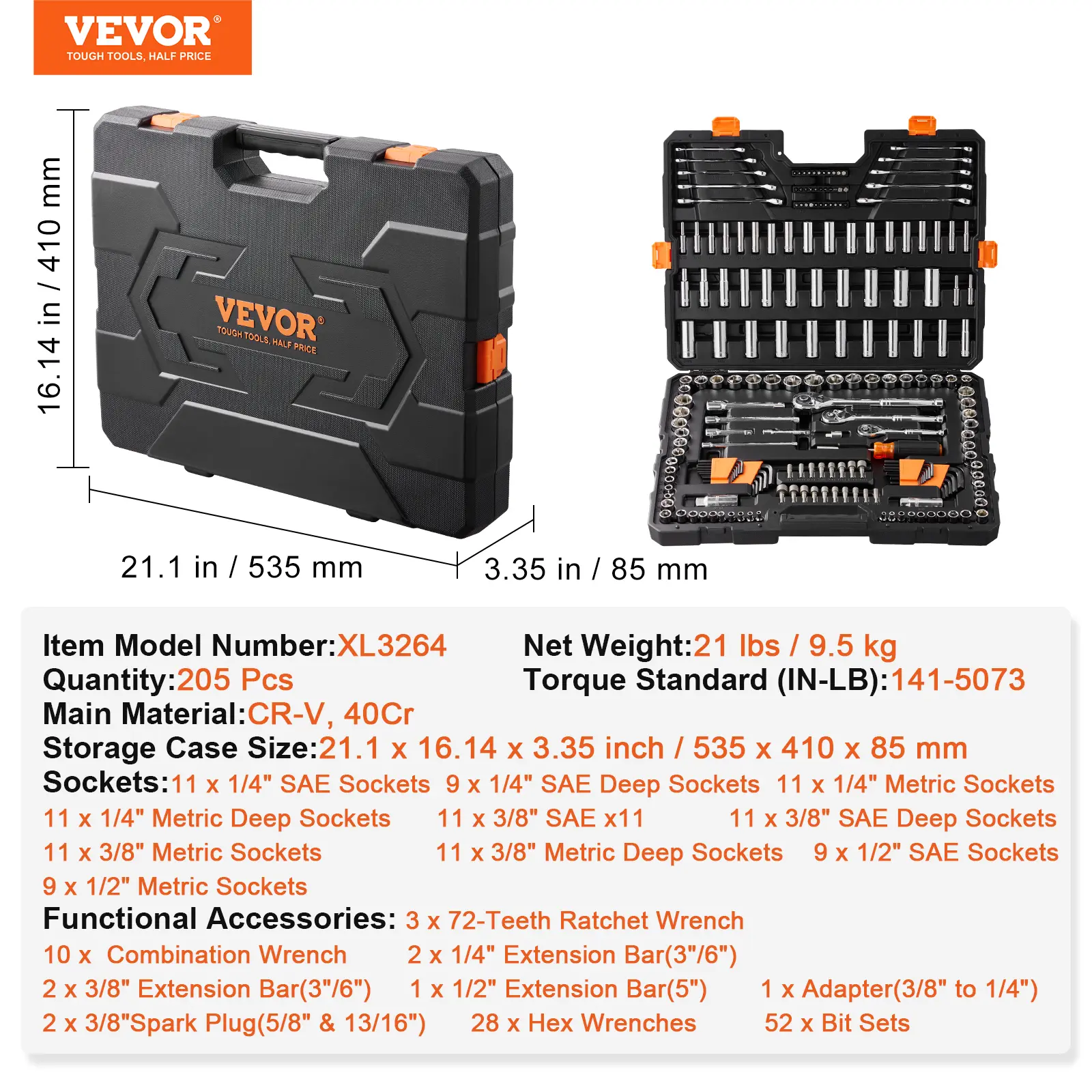 VEVOR XL3264 specifications and dimensional details
