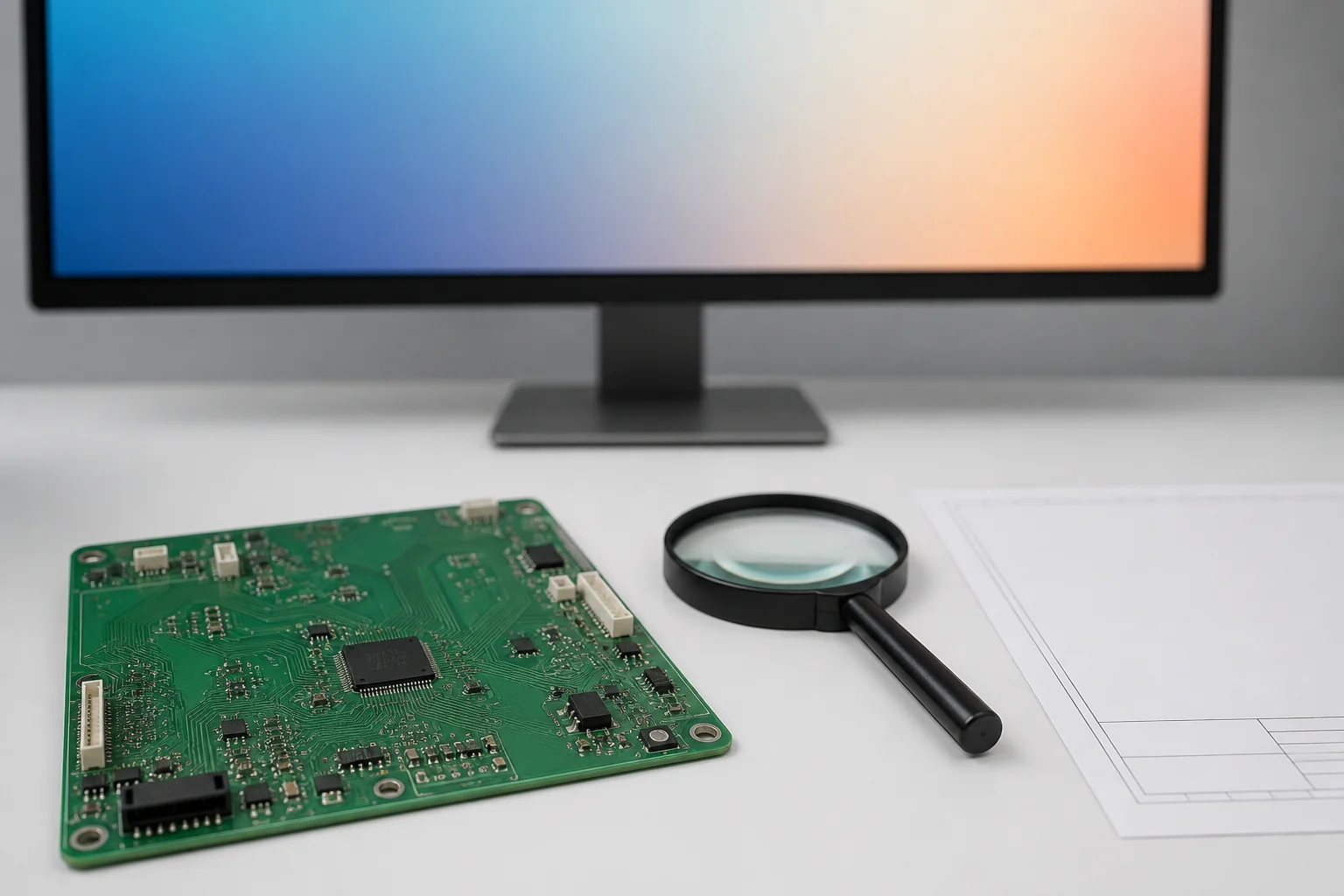 DFM design review desktop with a PCB