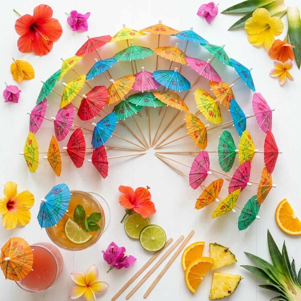 Paper parasol cocktail picks fanned out in colorful pattern with cocktail glasses and tropical fruits flat-lay