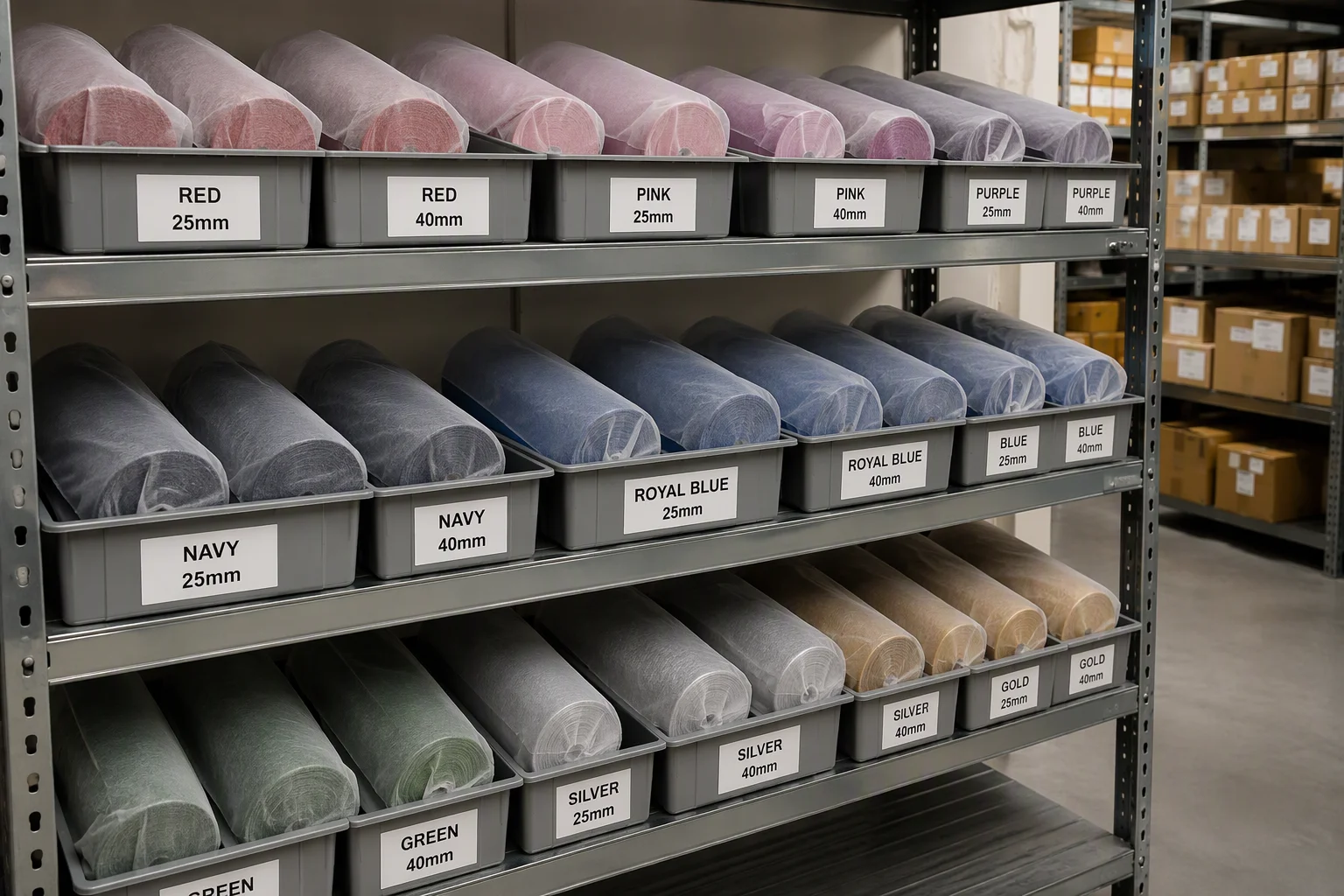 Documentary B2B warehouse product photo ribbon rolls neat storage warehouse shelving rolls lying horizontally sides clearly labelled storage bins organised colour width clean dry warehouse environment shelving away direct sunlight rolls covered light fabric dust cover storage organisation communicates professional ribbon inventory management natural indirect warehouse light realistic B2B stock management context