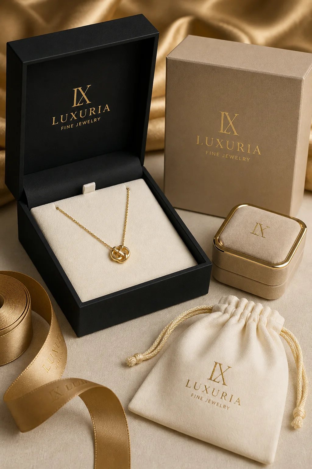 Gold jewelry packaging set: black box with gold foil logo and gold necklace on velvet, champagne box with gold stamping, gold-rimmed ring box, gold ribbon, and gold-stamped dust bag